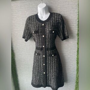 Chic Black and White Tweed Midi Dress